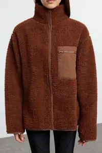 TRENDYOLMİLLA Winter Essentials Brown Thick Fleece Zippered Dog collar with pocket Knitting Sweatshirt - Image 4