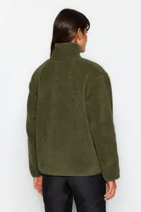 TRENDYOLMİLLA Winter Essentials Khaki Thick Fleece Zippered Dog collar Long Sleeve with pocket Knitting Sweatshirt - Image 3