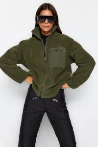 TRENDYOLMİLLA Winter Essentials Khaki Thick Fleece Zippered Dog collar Long Sleeve with pocket Knitting Sweatshirt - Image 5
