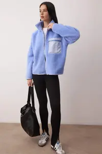 TRENDYOLMİLLA Winter Essentials Blue Fleece Zippered Dog collar Pocket Detail Knitting Sweatshirt - Image 2
