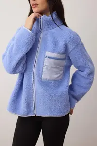 TRENDYOLMİLLA Winter Essentials Blue Fleece Zippered Dog collar Pocket Detail Knitting Sweatshirt - Image 3