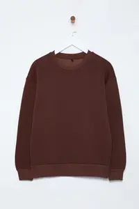 TRENDYOLMİLLA Brown Thick Fleece Inside Regular/Normal Pattern Crew Neck Basic Knitting Sweatshirt - Image 7