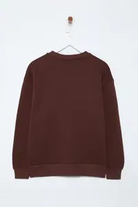TRENDYOLMİLLA Brown Thick Fleece Inside Regular/Normal Pattern Crew Neck Basic Knitting Sweatshirt - Image 8
