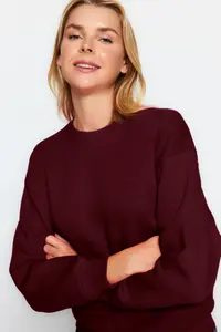TRENDYOLMİLLA Burgundy Thick Regular/Normal Pattern Crew Neck Basic Knitting Sweatshirt with Fleece Inside