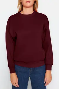 TRENDYOLMİLLA Burgundy Thick Regular/Normal Pattern Crew Neck Basic Knitting Sweatshirt with Fleece Inside - Image 3