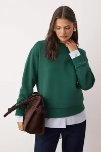 TRENDYOLMİLLA Emerald Green Thick Regular Pattern Crew Neck Basic Knitting Sweatshirt with Fleece Inside