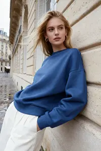 TRENDYOLMİLLA Indigo Thick Regular/Normal Pattern Crew Neck Basic Knitting Sweatshirt with Fleece Inside