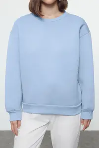 TRENDYOLMİLLA Light Blue Thick Regular/Normal Pattern Crew Neck Basic Knitting Sweatshirt with Fleece Inside - Image 3