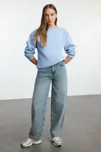 TRENDYOLMİLLA Light Blue Thick Regular/Normal Pattern Crew Neck Basic Knitting Sweatshirt with Fleece Inside - Image 6