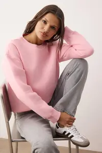 TRENDYOLMİLLA Light Pink Thick Regular/Normal Pattern Crew Neck Basic Knitting Sweatshirt with Fleece Inside - Image 2