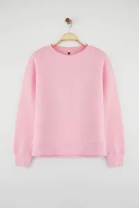TRENDYOLMİLLA Light Pink Thick Regular/Normal Pattern Crew Neck Basic Knitting Sweatshirt with Fleece Inside - Image 5