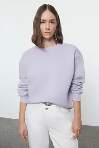 TRENDYOLMİLLA Lilac Thick Regular/Normal Pattern Crew Neck Basic Knitting Sweatshirt with Fleece Inside - Image 4