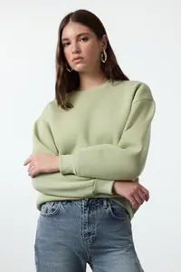 TRENDYOLMİLLA MINT Thick Regular/Normal Pattern Crew Neck Basic Knitting Sweatshirt with Fleece Inside