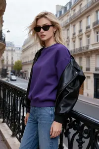 TRENDYOLMİLLA Purple Thick Fleece Inside Regular/Normal Pattern Crew Neck Basic Knitting Sweatshirt