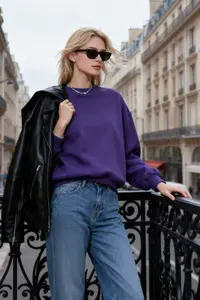 TRENDYOLMİLLA Purple Thick Fleece Inside Regular/Normal Pattern Crew Neck Basic Knitting Sweatshirt - Image 2