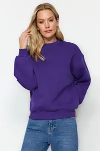 TRENDYOLMİLLA Purple Thick Fleece Inside Regular/Normal Pattern Crew Neck Basic Knitting Sweatshirt - Image 3