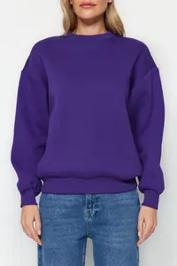 TRENDYOLMİLLA Purple Thick Fleece Inside Regular/Normal Pattern Crew Neck Basic Knitting Sweatshirt - Image 6