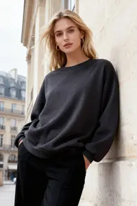 TRENDYOLMİLLA Anthracite Oversized/Relaxed Cut Basic Crew Neck Thick/Fleece-lined Knitting Sweatshirt - Image 2