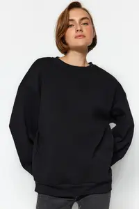 TRENDYOLMİLLA Black Oversized/Bol Cut Crew Neck Thick/Fleece-lined Knitting Sweatshirt - Image 2