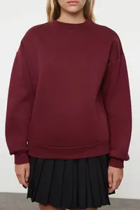 TRENDYOLMİLLA Burgundy Oversized/Relaxed Cut Basic Crew Neck Thick/Fleece-lined Knitting Sweatshirt - Image 3