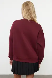 TRENDYOLMİLLA Burgundy Oversized/Relaxed Cut Basic Crew Neck Thick/Fleece-lined Knitting Sweatshirt - Image 5