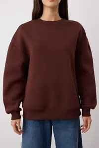 TRENDYOLMİLLA Dark Brown Oversized/Relaxed Cut Crew Neck Thick/Fleece-lined Knitting Sweatshirt - Image 3