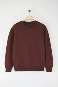 TRENDYOLMİLLA Dark Brown Oversized/Relaxed Cut Crew Neck Thick/Fleece-lined Knitting Sweatshirt - Image 5