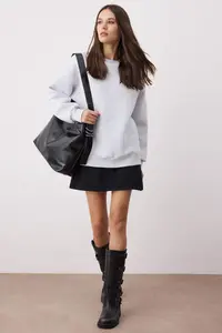 TRENDYOLMİLLA Snow Melange Oversized/Relaxed Cut Basic Crew Neck Thick/Fleece-lined Knitting Sweatshirt