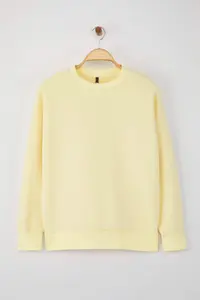 TRENDYOLMİLLA Light Yellow Oversized/Comfortable Cut Basic Crew Neck Thick/Fleece-lined Knitting Sweatshirt - Image 5
