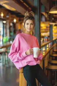 TRENDYOLMİLLA Pink Oversized/Relaxed Cut Basic Crew Neck Thick/Fleece-lined Knitting Sweatshirt - Image 4