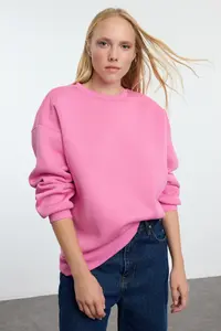 TRENDYOLMİLLA Pink Oversized/Relaxed Cut Basic Crew Neck Thick/Fleece-lined Knitting Sweatshirt - Image 6