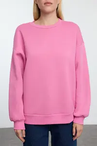 TRENDYOLMİLLA Pink Oversized/Relaxed Cut Basic Crew Neck Thick/Fleece-lined Knitting Sweatshirt - Image 7