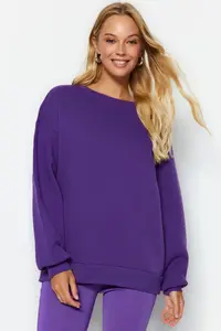TRENDYOLMİLLA Purple Oversized/Relaxed Cut Basic Crew Neck Thick/Fleece-lined Knitting Sweatshirt - Image 2