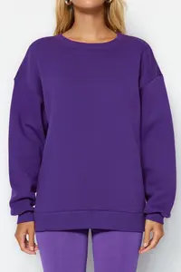 TRENDYOLMİLLA Purple Oversized/Relaxed Cut Basic Crew Neck Thick/Fleece-lined Knitting Sweatshirt - Image 4