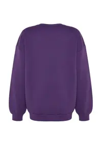 TRENDYOLMİLLA Purple Oversized/Relaxed Cut Basic Crew Neck Thick/Fleece-lined Knitting Sweatshirt - Image 8