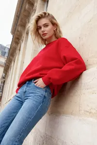 TRENDYOLMİLLA Red Oversized/Comfortable Cut Basic Crew Neck Thick/Fleece-lined Knitting Sweatshirt - Image 2