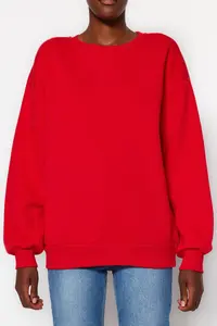 TRENDYOLMİLLA Red Oversized/Comfortable Cut Basic Crew Neck Thick/Fleece-lined Knitting Sweatshirt - Image 5