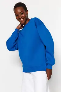 TRENDYOLMİLLA Saks Blue Oversized/Relaxed Cut Basic Crew Neck Thick/Fleece-lined Knitting Sweatshirt - Image 6