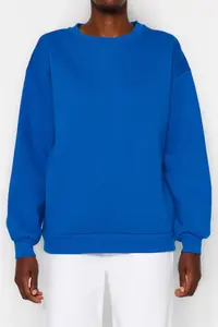 TRENDYOLMİLLA Saks Blue Oversized/Relaxed Cut Basic Crew Neck Thick/Fleece-lined Knitting Sweatshirt - Image 7