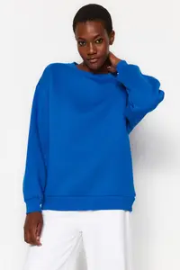 TRENDYOLMİLLA Saks Blue Oversized/Relaxed Cut Basic Crew Neck Thick/Fleece-lined Knitting Sweatshirt - Image 9