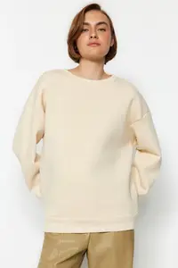 TRENDYOLMİLLA Stone Oversized/Comfortable Cut Basic Crew Neck Thick/Fleece-lined Knitting Sweatshirt - Image 3