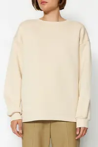 TRENDYOLMİLLA Stone Oversized/Comfortable Cut Basic Crew Neck Thick/Fleece-lined Knitting Sweatshirt - Image 6