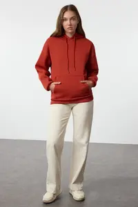 TRENDYOLMİLLA Brick Red Thick Oversized/Wide Pattern Hooded Basic Knitting Sweatshirt with Fleece Inside - Image 2