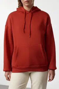 TRENDYOLMİLLA Brick Red Thick Oversized/Wide Pattern Hooded Basic Knitting Sweatshirt with Fleece Inside - Image 4