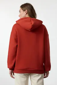 TRENDYOLMİLLA Brick Red Thick Oversized/Wide Pattern Hooded Basic Knitting Sweatshirt with Fleece Inside - Image 5