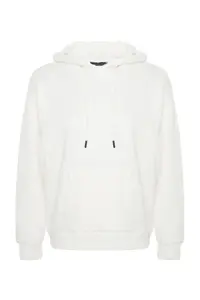 TRENDYOLMİLLA Ecru Thick Oversized/Wide Pattern Hooded Basic Knitting Sweatshirt with Fleece Inside - Image 8