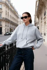 TRENDYOLMİLLA Gray Melange Thick Oversized/Wide Pattern Hooded Basic Knitting Sweatshirt with Fleece Inside