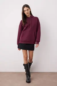 TRENDYOLMİLLA Plum Thick Fleece Inside Oversized/Wide Pattern Hooded Basic Knitting Sweatshirt