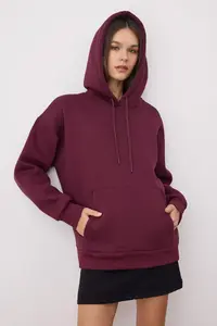 TRENDYOLMİLLA Plum Thick Fleece Inside Oversized/Wide Pattern Hooded Basic Knitting Sweatshirt - Image 2