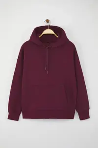 TRENDYOLMİLLA Plum Thick Fleece Inside Oversized/Wide Pattern Hooded Basic Knitting Sweatshirt - Image 5